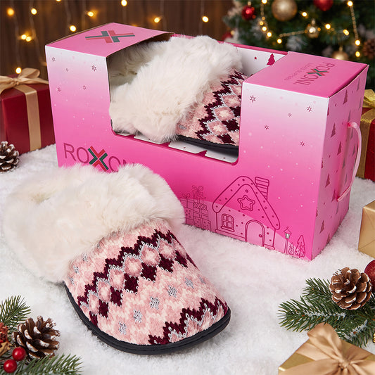 Roxoni Women’s Fair Isle Knit Clog Slippers with Gift Box, Cozy Plush Faux Fur Collar House Shoes