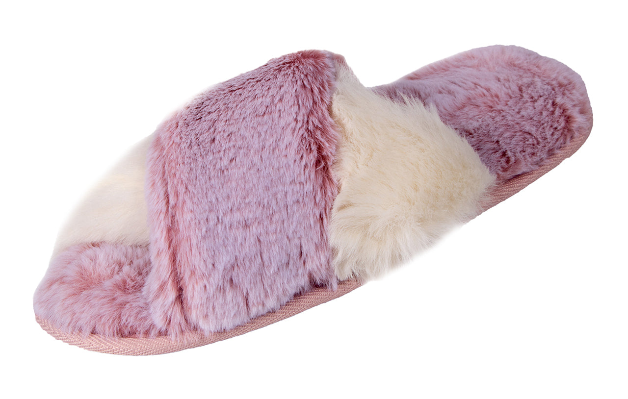 Roxoni Women's Cross Band Real Fur Slipper 2 Tone Color Cozy Warm Comfy Slip On Breathable Open Toe Anti-Skid Rubber Sole
