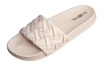 Roxoni Faux Leather Slides – Trendy Slides for Women – Superior Comfort & Unmatched Luxury – Stylish Braided Strap Pattern – Durable Faux Leather – Classic Colors Beige