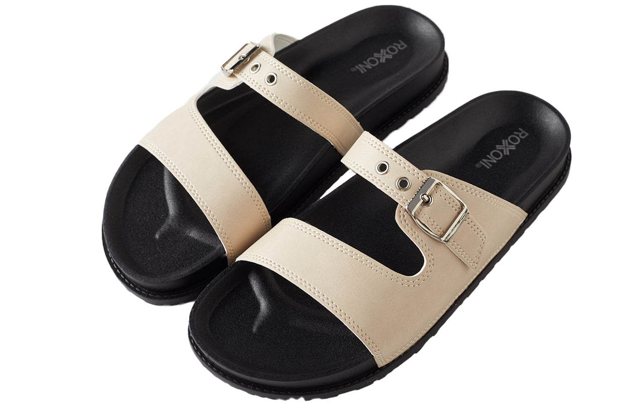 Roxoni Women's Open Toe Comfort Flat Sandals Single Buckle Adjustable Straps Flat Slides