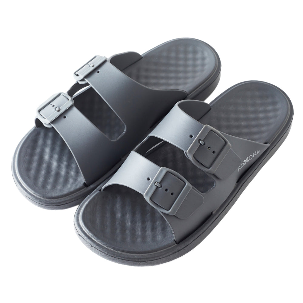 Roxoni Men’s Double Buckle Slide Sandals Lightweight Adjustable Comfort Slides Casual Indoor Outdoor Non Slip Slippers