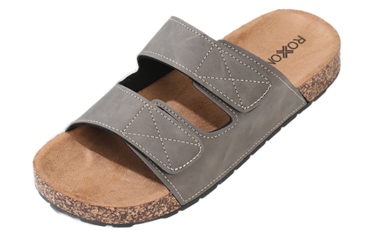 Roxoni Men's Dual Velco Straps Suede Covered Moulded Faux Cork Midsole Eva Rubber Sole