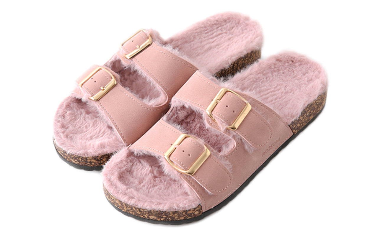 Women's Roxoni Open Toe Feather Slipper with Adjustable Double Buckle Cozy Cork Slide Sandal