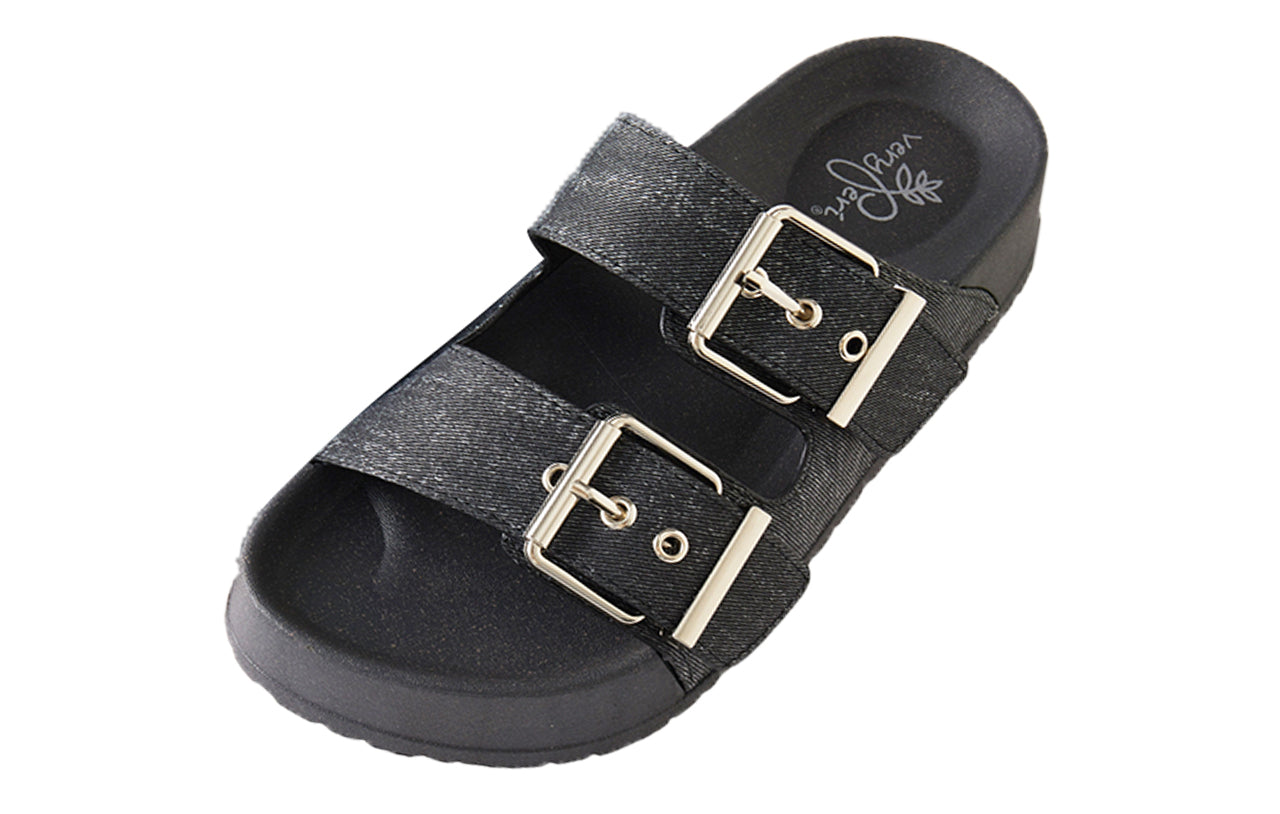 Roxoni Women's Open Toe Denim Double Adjustable Buckle Sandal Outdoor Slipper