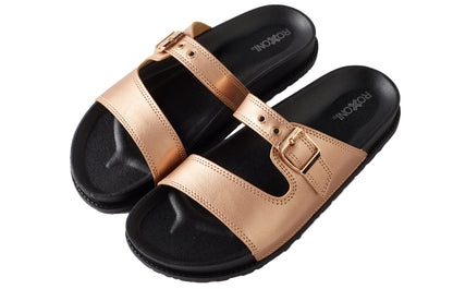 Roxoni Women's Open Toe Comfort Flat Sandals Single Buckle Adjustable Straps Flat Slides