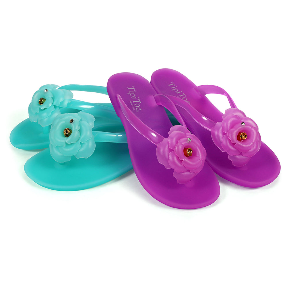 Pupeez Girl's Flower Jelly Thong Flip Flop Slide Summer Sandal - 2 Pack
