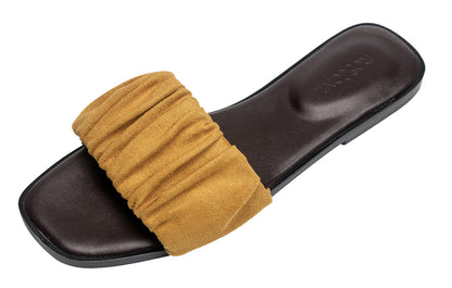 Women’s Ruched Fabric Slide Sandals Open Toe Flat Sandals with Heel Cushion