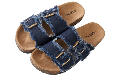 Roxoni Women's Comfort Flat Sandals Double Buckle Adjustable Straps Flat Slides Footbed Suede
