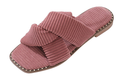 Roxoni Velvet Piping Flat Sandals for Women - Stylish Studs Around Outsole. Comfortable, Dressy Footware for Summer Ideal for Work, Travel, Shopping