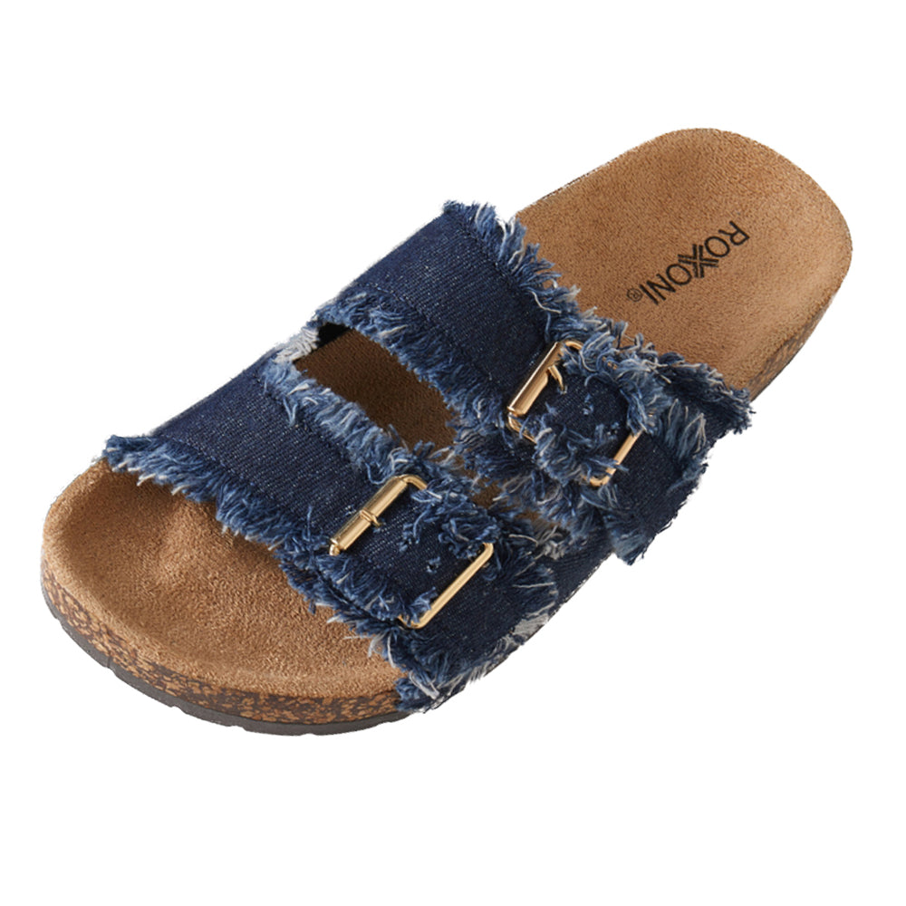 Roxoni Women's New Comfort Flat Sandals Double Buckle Adjustable Straps Flat Slides Footbed Suede