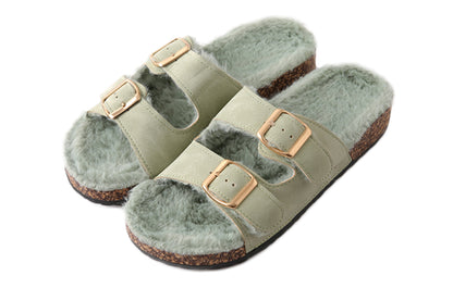 Women's Roxoni Open Toe Feather Slipper with Adjustable Double Buckle Cozy Cork Slide Sandal