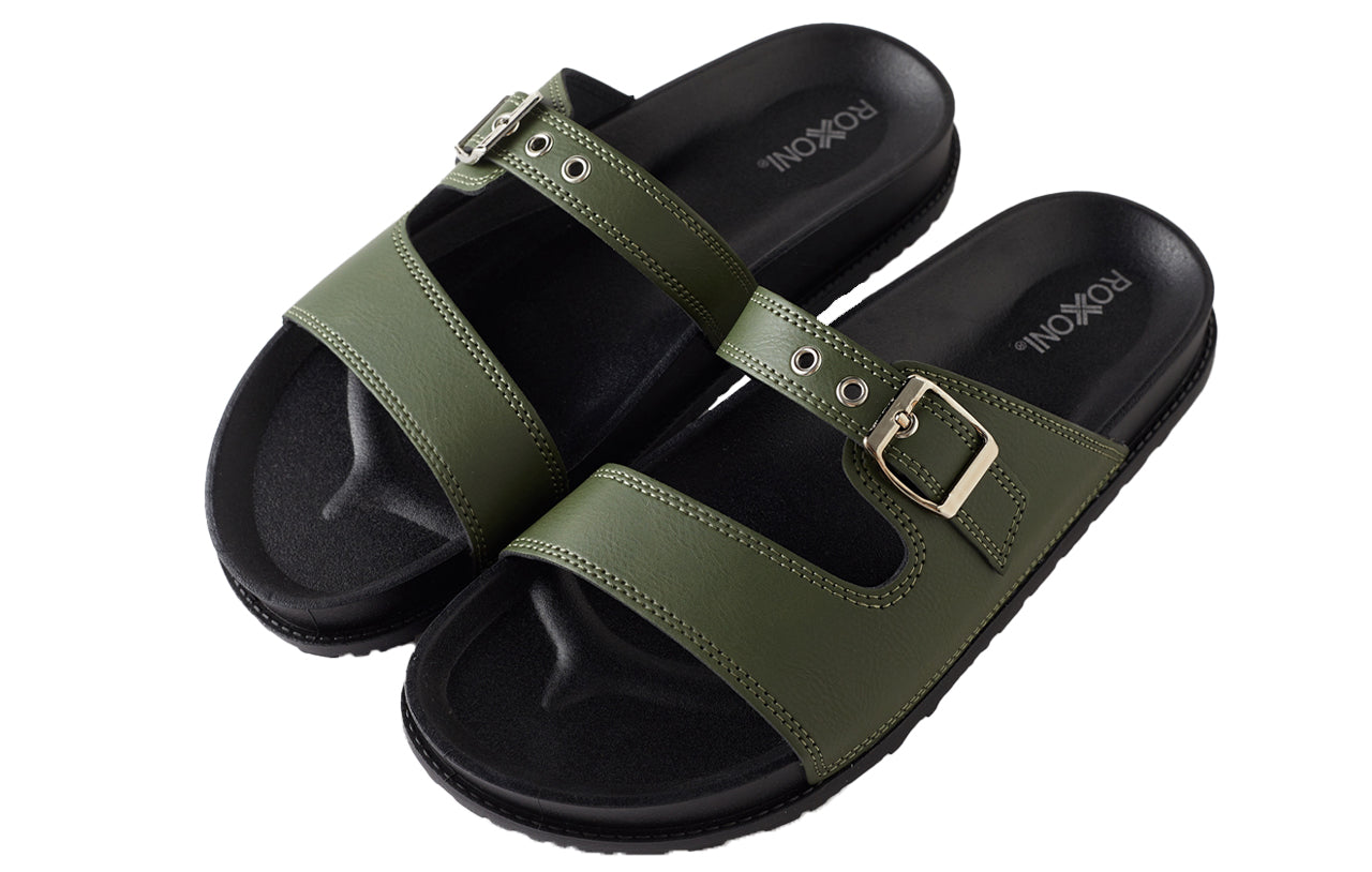 Roxoni Women's Open Toe Comfort Flat Sandals Single Buckle Adjustable Straps Flat Slides