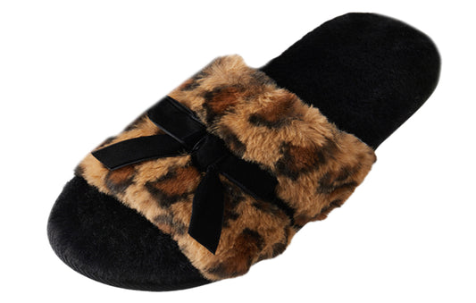 Roxoni Women’s Fuzzy Leopard Print Slippers with Bow – Cozy Plush Indoor House Slides, Soft Memory Foam, Non-Slip Sole