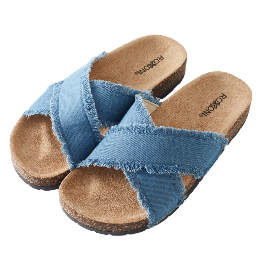 Roxoni Women’s Cross Strap Slide Sandals Denim Open Toe Comfort Slippers Cork Footbed Casual Summer Indoor Outdoor Footwear