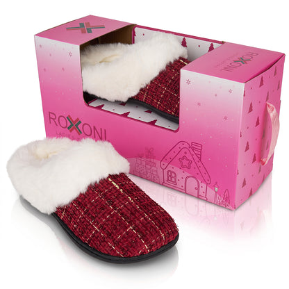 Roxoni Women’s Plaid Tweed Clog Slippers – Memory Foam House Shoes with Faux Fur Collar & Gift Box for Christmas & Holiday Gifts