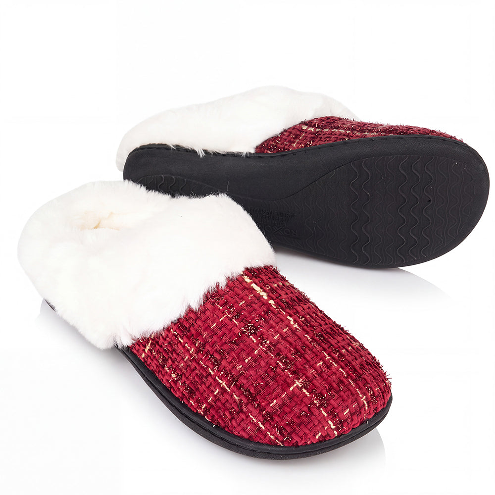 Roxoni Women’s Plaid Tweed Clog Slippers – Memory Foam House Shoes with Faux Fur Collar & Gift Box for Christmas & Holiday Gifts