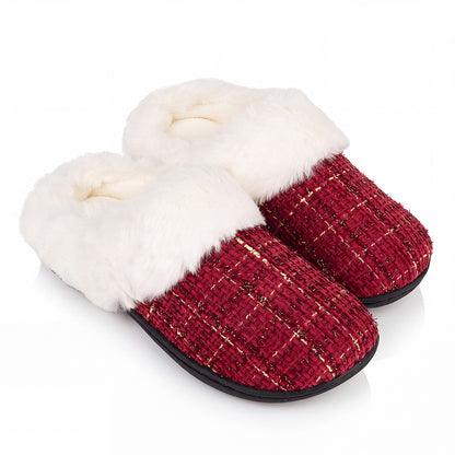 Roxoni Women’s Plaid Tweed Clog Slippers – Memory Foam House Shoes with Faux Fur Collar & Gift Box for Christmas & Holiday Gifts