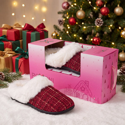 Roxoni Women’s Plaid Tweed Clog Slippers – Memory Foam House Shoes with Faux Fur Collar & Gift Box for Christmas & Holiday Gifts
