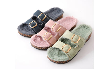 Women's Roxoni Open Toe Feather Slipper with Adjustable Double Buckle Cozy Cork Slide Sandal