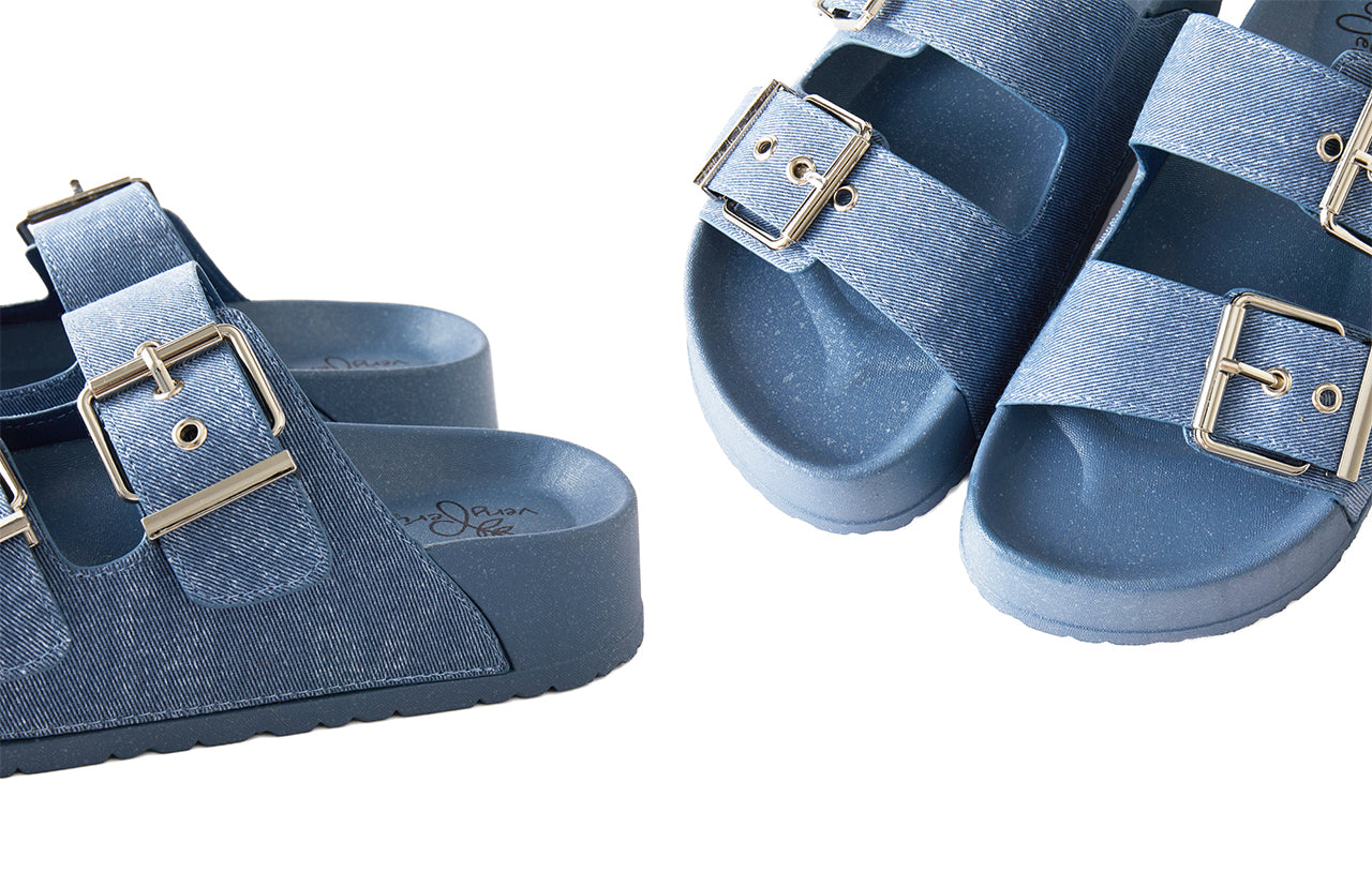 Roxoni Women's Open Toe Denim Double Adjustable Buckle Sandal Outdoor Slipper