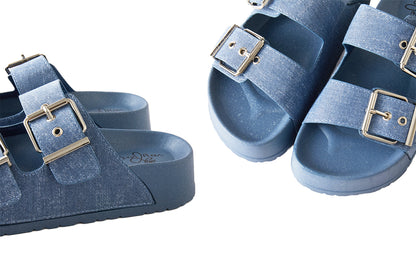 Roxoni Women's Open Toe Denim Double Adjustable Buckle Sandal Outdoor Slipper
