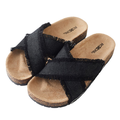Roxoni Women’s Cross Strap Slide Sandals Denim Open Toe Comfort Slippers Cork Footbed Casual Summer Indoor Outdoor Footwear