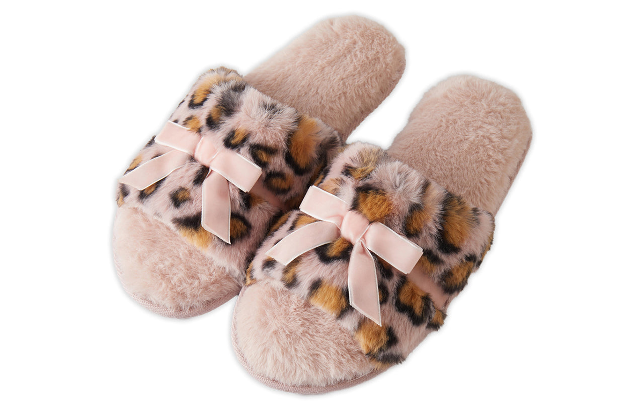 Roxoni Women’s Fuzzy Leopard Print Slippers with Bow – Cozy Plush Indoor House Slides, Soft Memory Foam, Non-Slip Sole