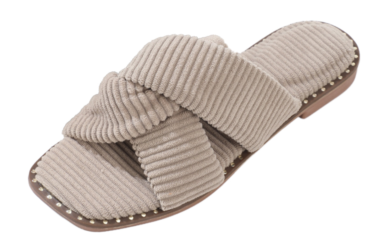Roxoni Velvet Piping Flat Sandals for Women - Stylish Studs Around Outsole. Comfortable, Dressy Footware for Summer Ideal for Work, Travel, Shopping
