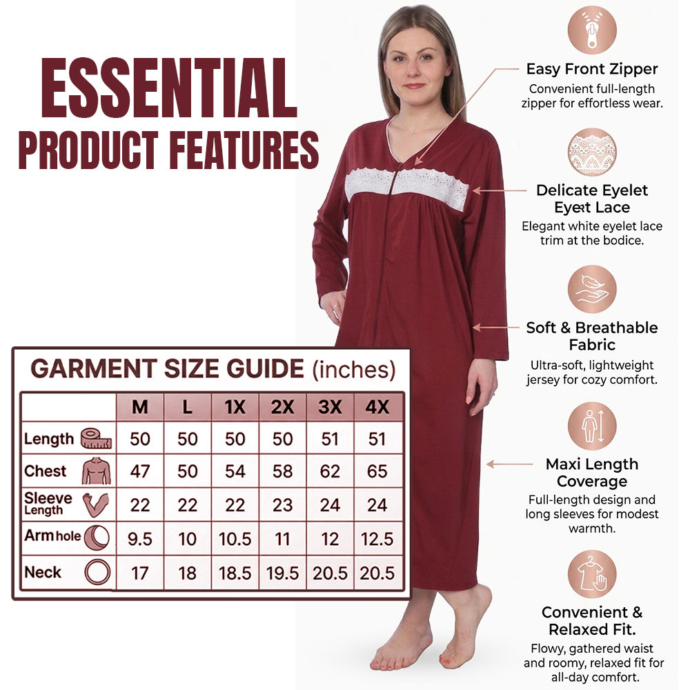 Women Jersey Long Zip Up Nightgown Robe Long Sleeve Elegant Loose Housecoat