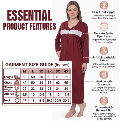 Women Jersey Long Zip Up Nightgown Robe Long Sleeve Elegant Loose Housecoat