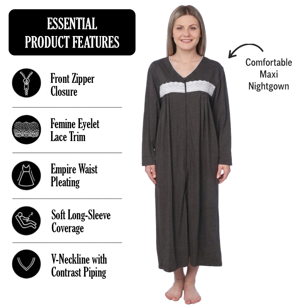 Women Jersey Long Zip Up Nightgown Robe Long Sleeve Elegant Loose Housecoat