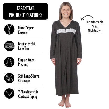 Women Jersey Long Zip Up Nightgown Robe Long Sleeve Elegant Loose Housecoat