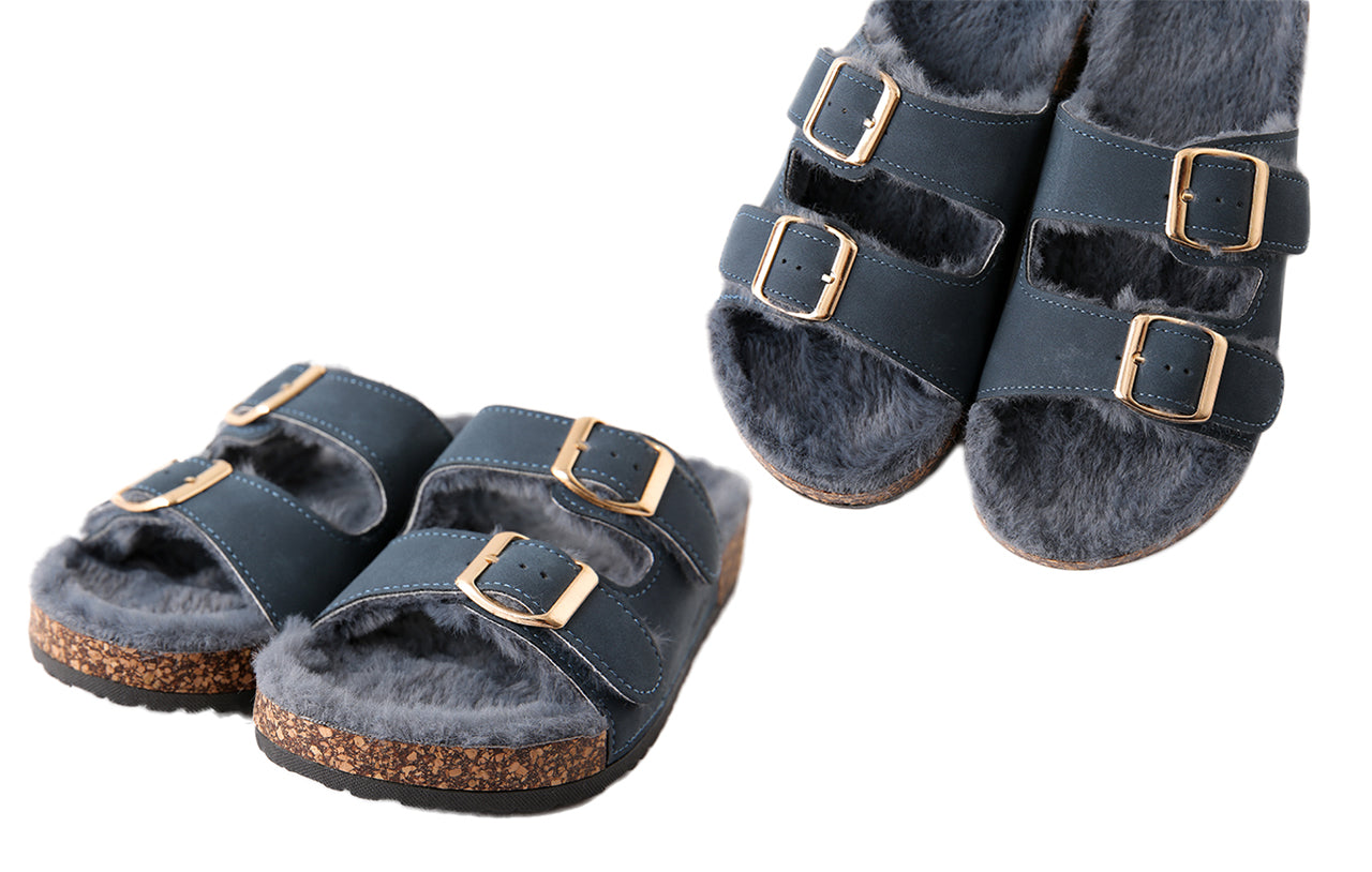 Women's Roxoni Open Toe Feather Slipper with Adjustable Double Buckle Cozy Cork Slide Sandal