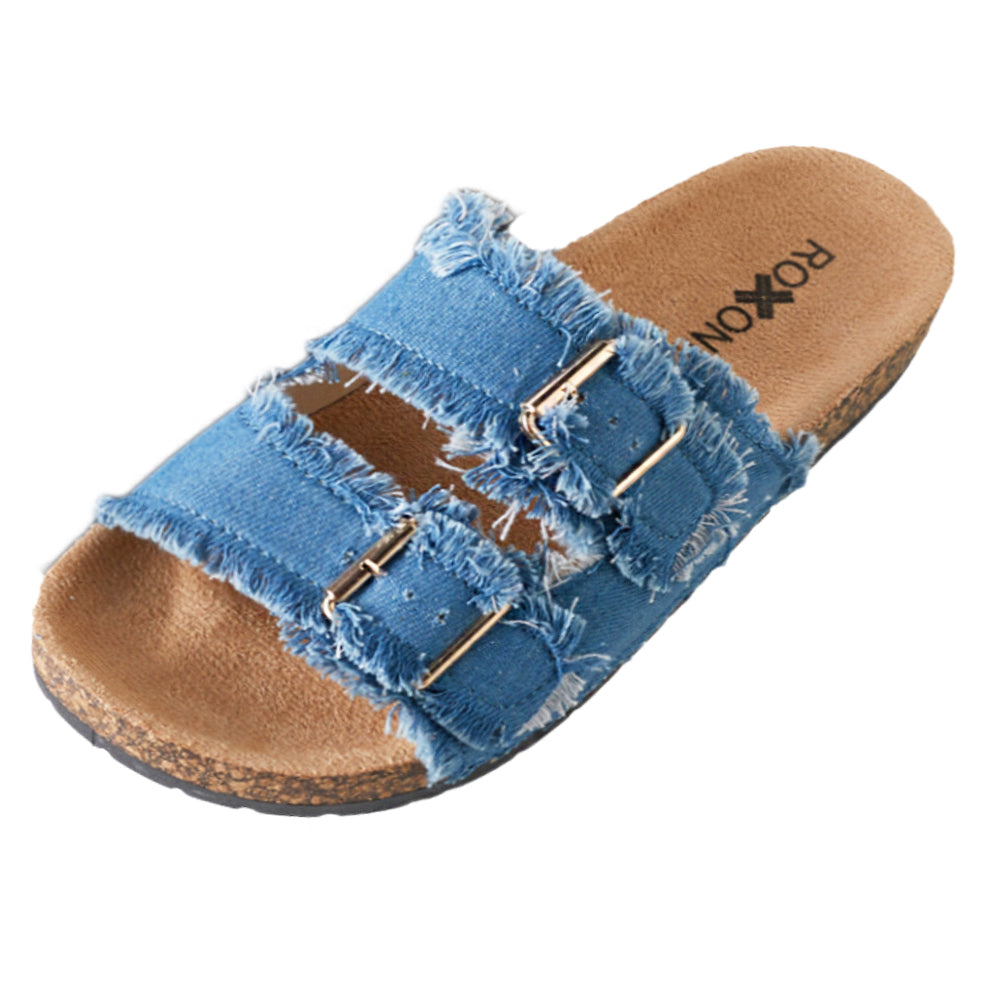 Roxoni Women's New Comfort Flat Sandals Double Buckle Adjustable Straps Flat Slides Footbed Suede