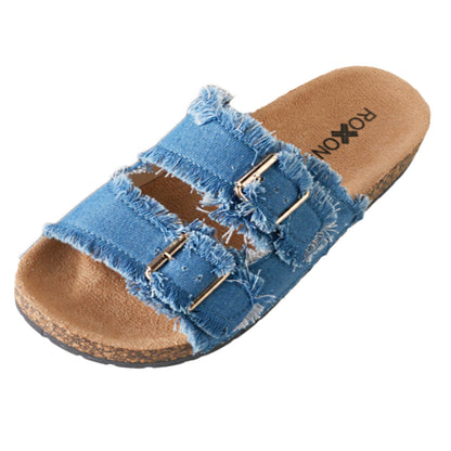 Roxoni Women's New Comfort Flat Sandals Double Buckle Adjustable Straps Flat Slides Footbed Suede