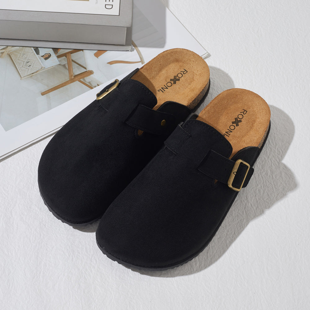 Roxoni Women's Closed-Toe Faux Suede Cork Clogs with Adjustable Buckle Strap