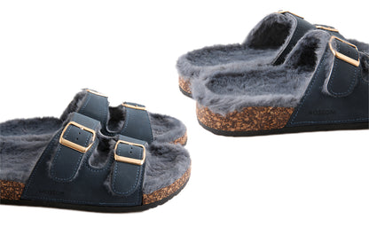 Women's Roxoni Open Toe Feather Slipper with Adjustable Double Buckle Cozy Cork Slide Sandal