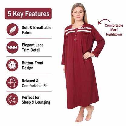 Women Jersey Long Nightgown Long Sleeve Elegant Loose Dress