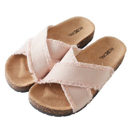 Roxoni Women’s Cross Strap Slide Sandals Denim Open Toe Comfort Slippers Cork Footbed Casual Summer Indoor Outdoor Footwear