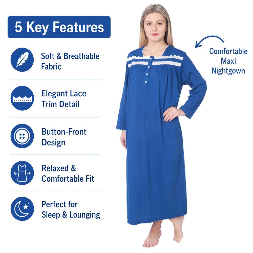 Women Jersey Long Nightgown Long Sleeve Elegant Loose Dress