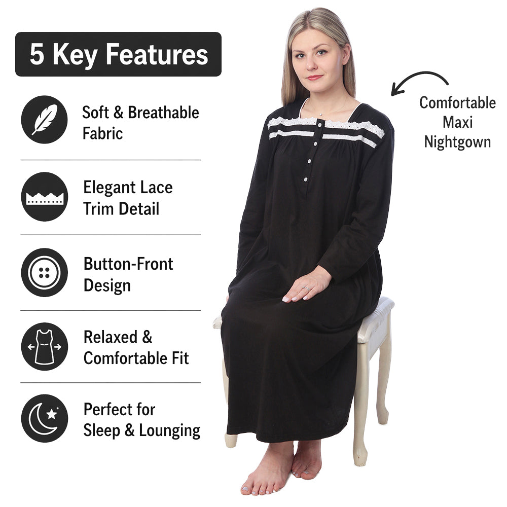 Women Jersey Long Nightgown Long Sleeve Elegant Loose Dress