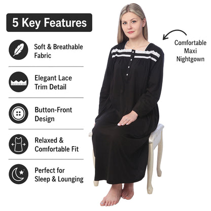 Women Jersey Long Nightgown Long Sleeve Elegant Loose Dress