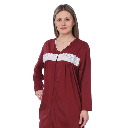 Women Jersey Long Zip Up Nightgown Robe Long Sleeve Elegant Loose Housecoat