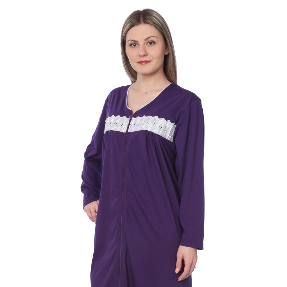 Women Jersey Long Zip Up Nightgown Robe Long Sleeve Elegant Loose Housecoat