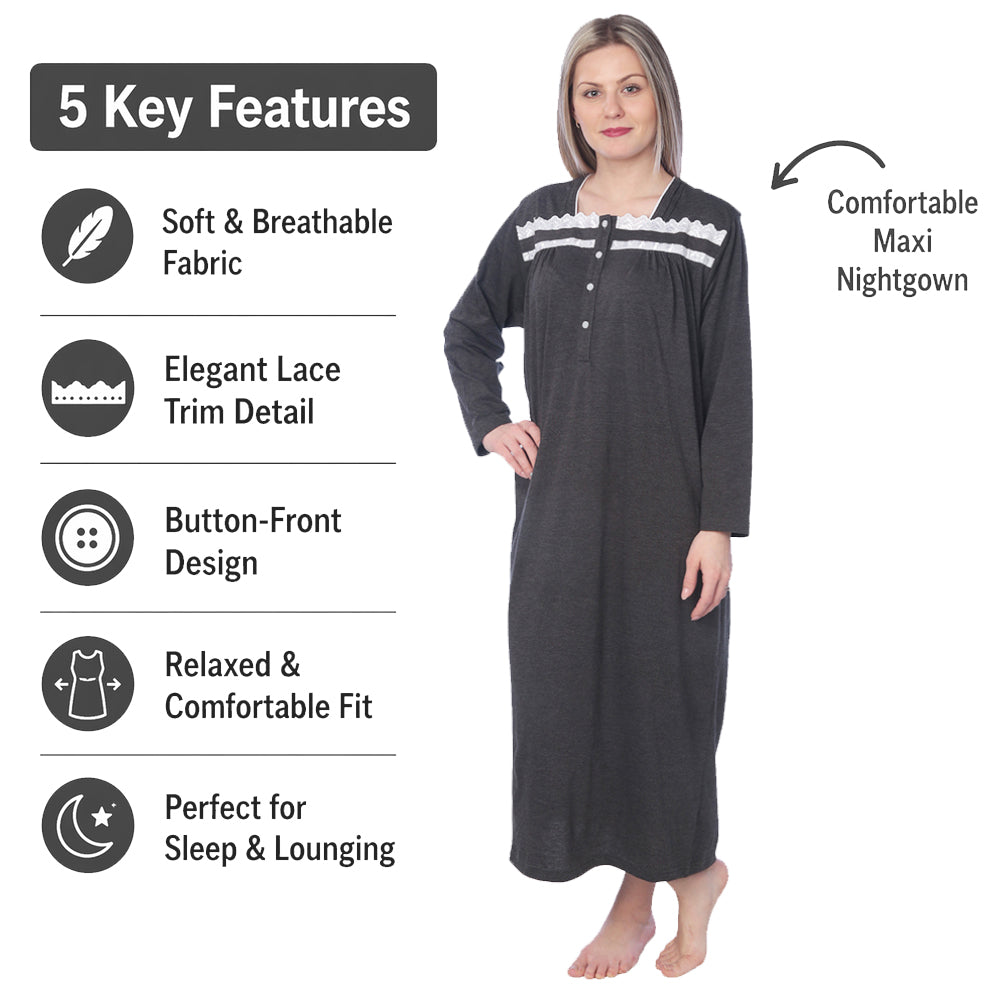 Women Jersey Long Nightgown Long Sleeve Elegant Loose Dress