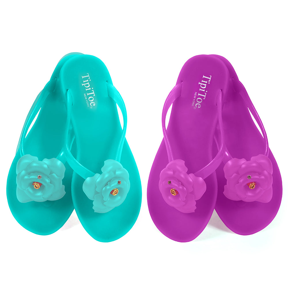 Pupeez Girl's Flower Jelly Thong Flip Flop Slide Summer Sandal - 2 Pack