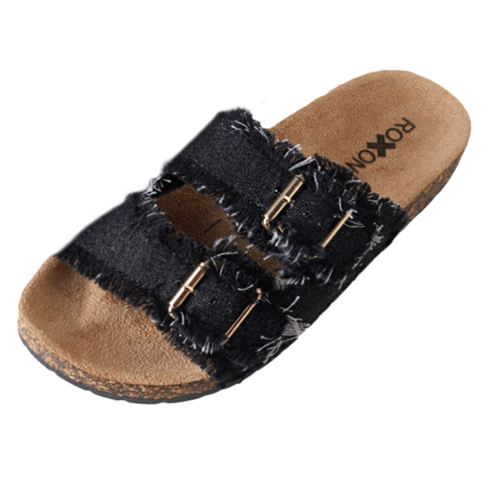 Roxoni Women's New Comfort Flat Sandals Double Buckle Adjustable Straps Flat Slides Footbed Suede