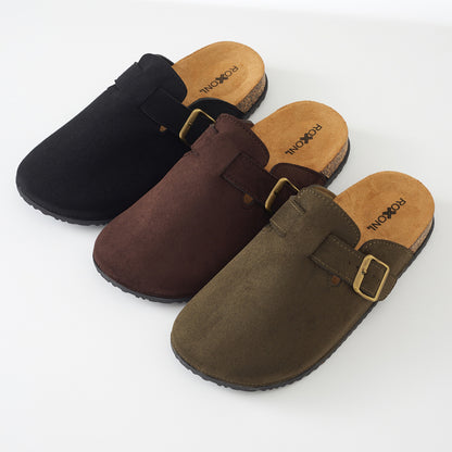 Roxoni Women's Closed-Toe Faux Suede Cork Clogs with Adjustable Buckle Strap