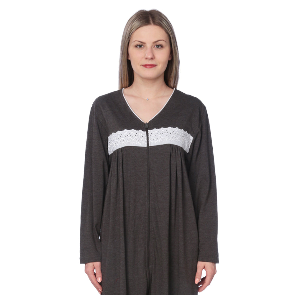 Women Jersey Long Zip Up Nightgown Robe Long Sleeve Elegant Loose Housecoat