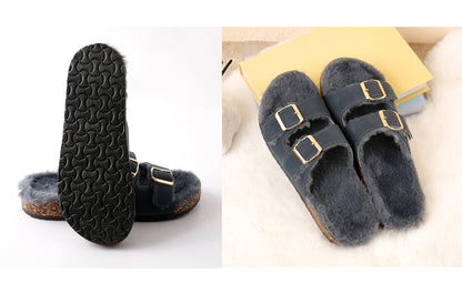 Women's Roxoni Open Toe Feather Slipper with Adjustable Double Buckle Cozy Cork Slide Sandal